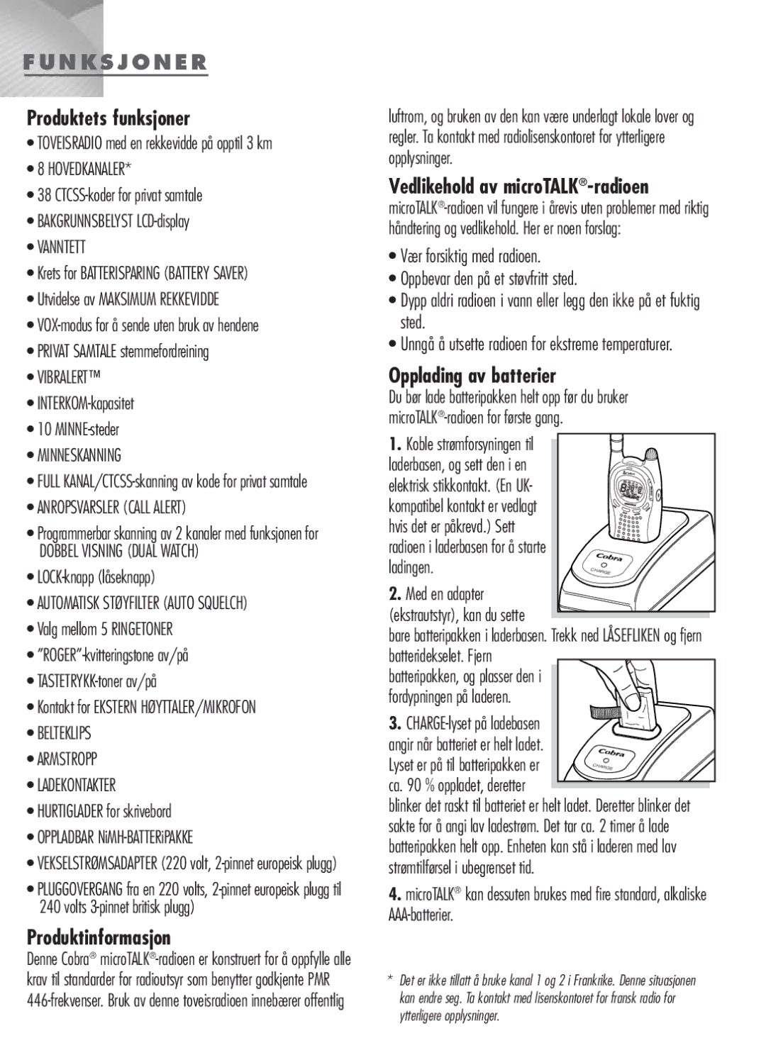 Cobra Electronics MT-900 manual Funksjoner, Produktets funksjoner, Produktinformasjon, Vedlikehold av microTALK-radioen 