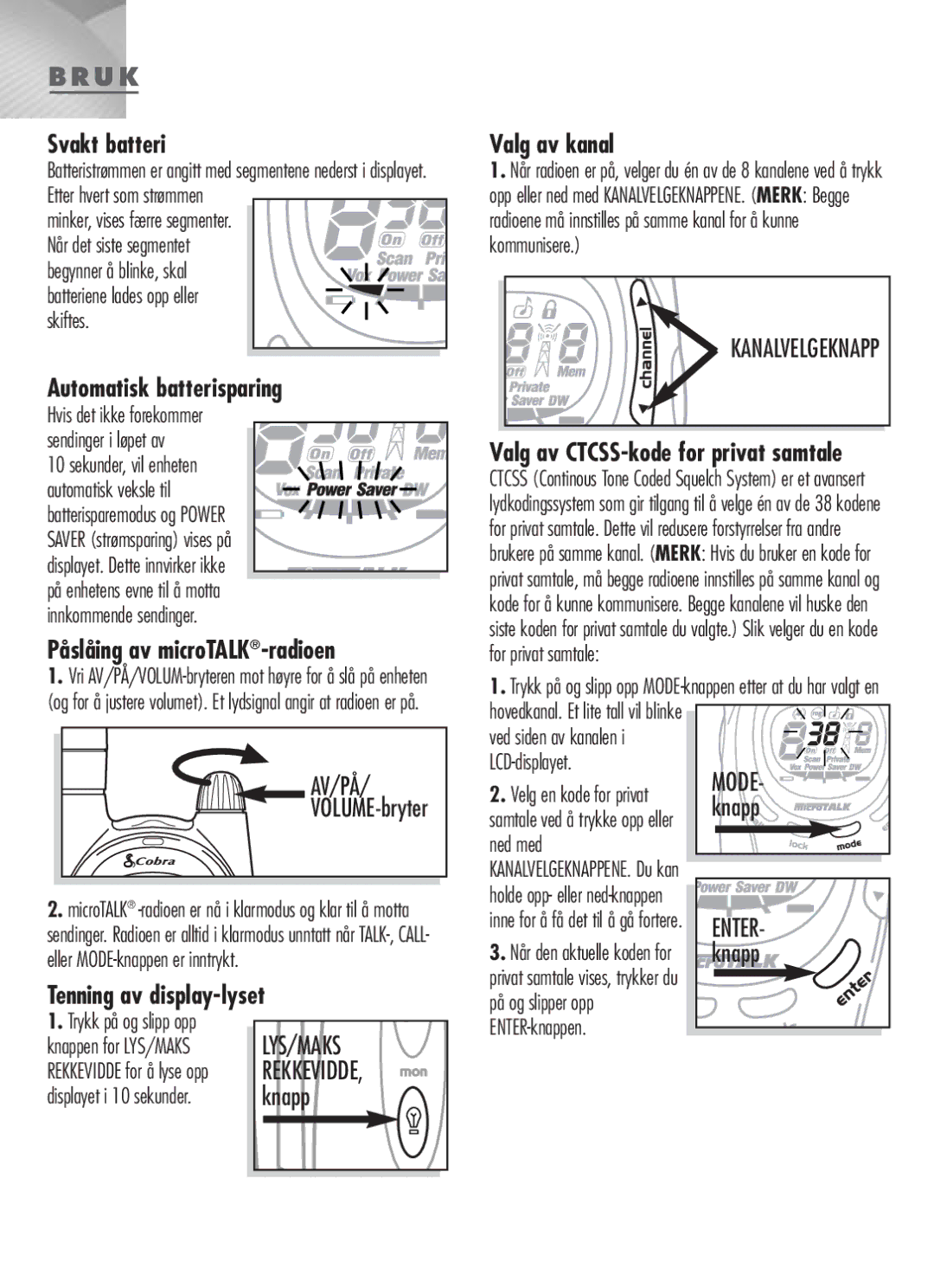 Cobra Electronics MT-900 manual U K, Svakt batteri, Automatisk batterisparing, Påslåing av microTALK-radioen 