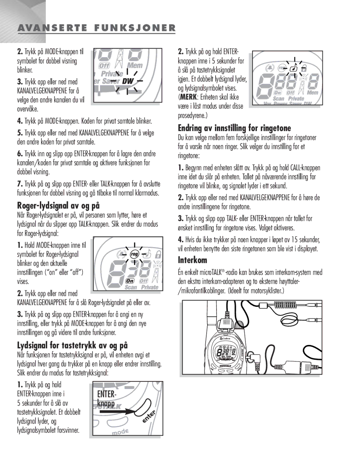 Cobra Electronics MT-900 Roger-lydsignal av og på, Lydsignal for tastetrykk av og på, Endring av innstilling for ringetone 