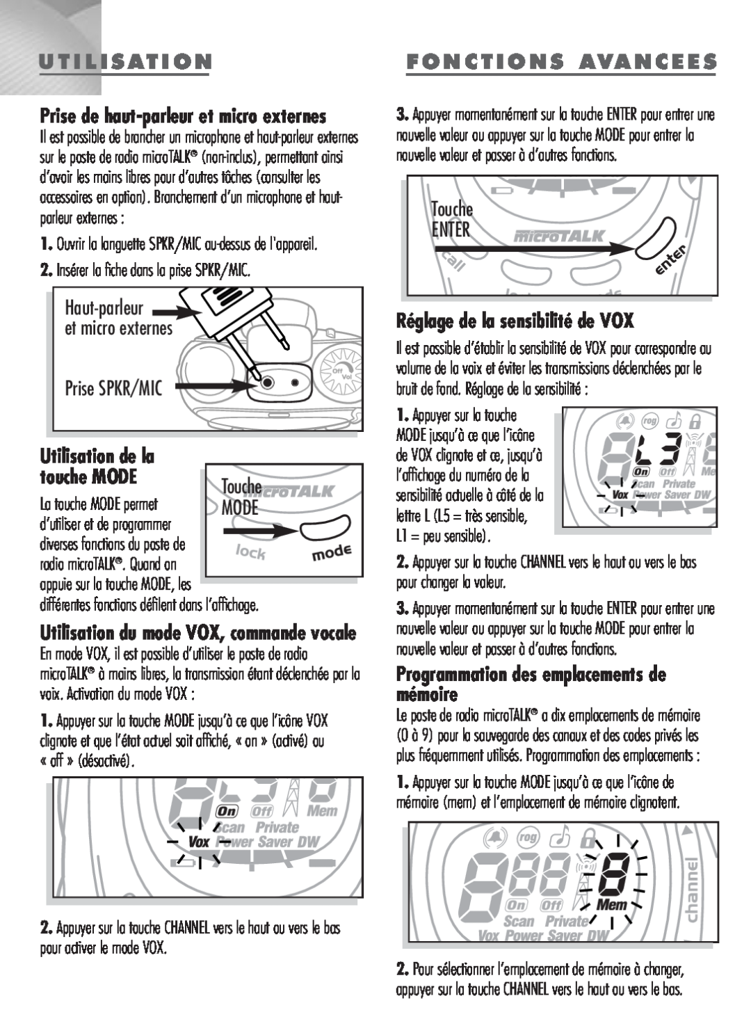 Cobra Electronics MT-900 manual Fonctions Avancees, Réglage de la sensibilité de VOX, Utilisation de la touche MODE 