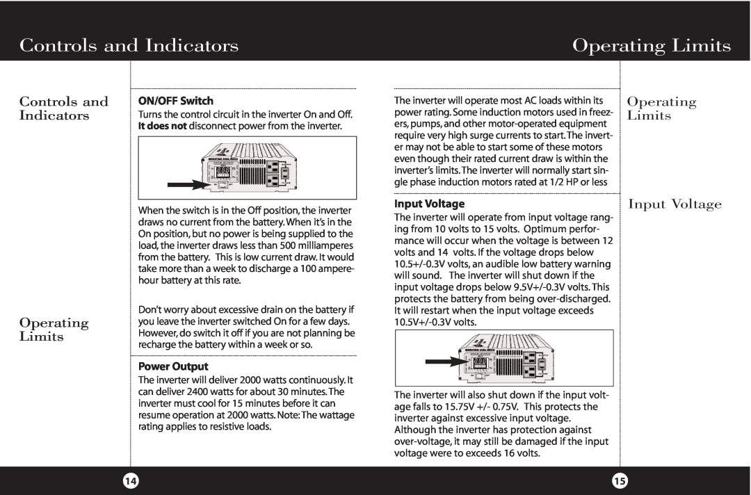 Cobra Electronics PI2000 manual Controls and Indicators Operating Limits, Operating Limits Input Voltage, ON/OFF Switch 