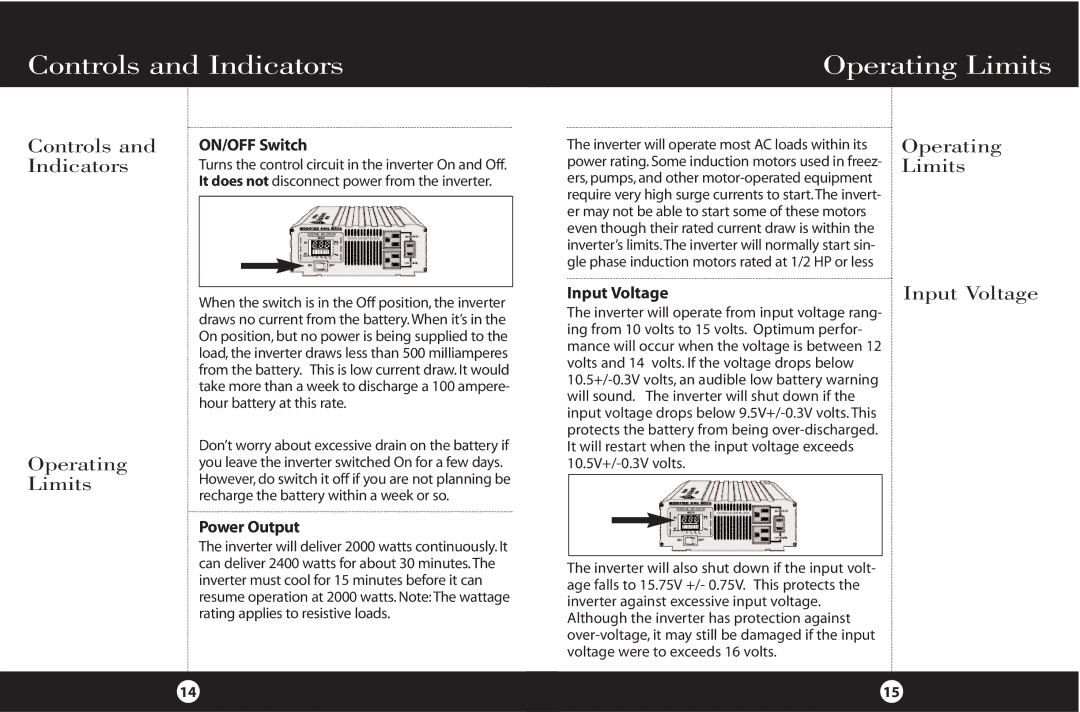 Cobra Electronics PI2000 manual Controls and Indicators Operating Limits, Operating Limits Input Voltage 