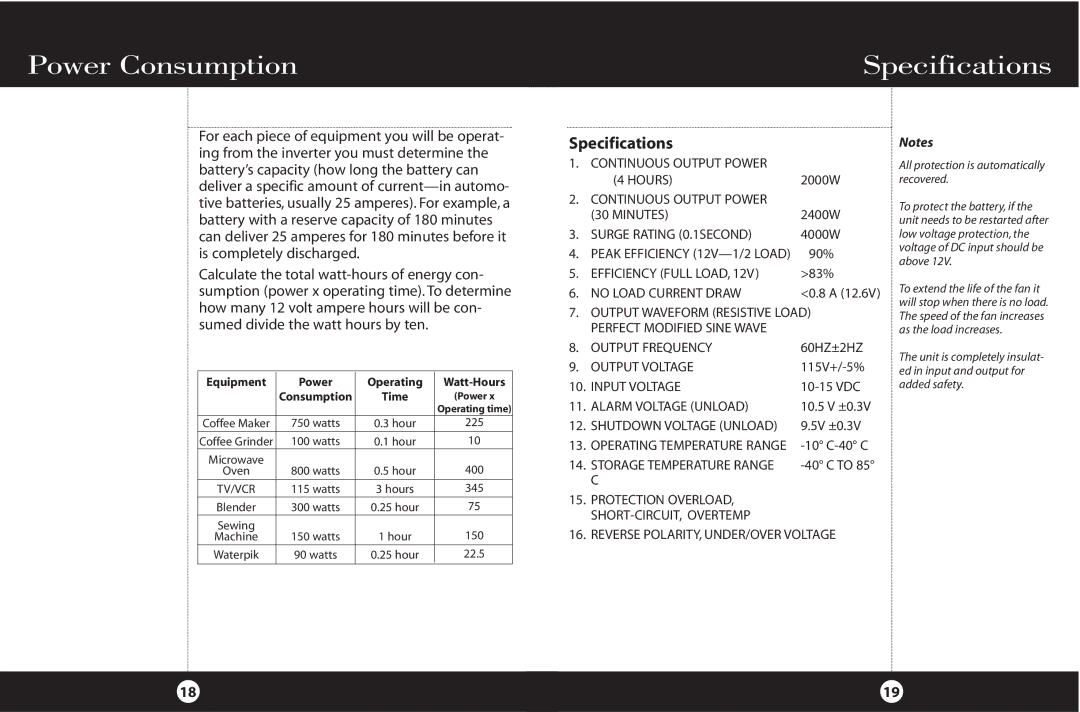 Cobra Electronics PI2000 manual Power Consumption Specifications 