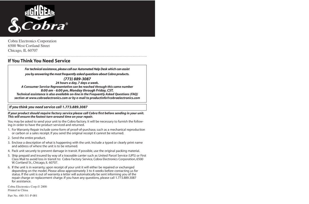 Cobra Electronics PI2000 manual If You Think You Need Service, 773 