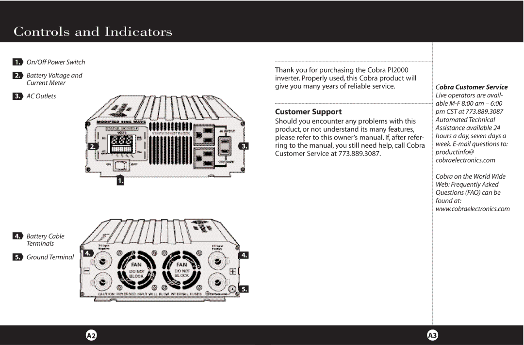 Cobra Electronics PI2000 manual Controls and Indicators, Customer Support 