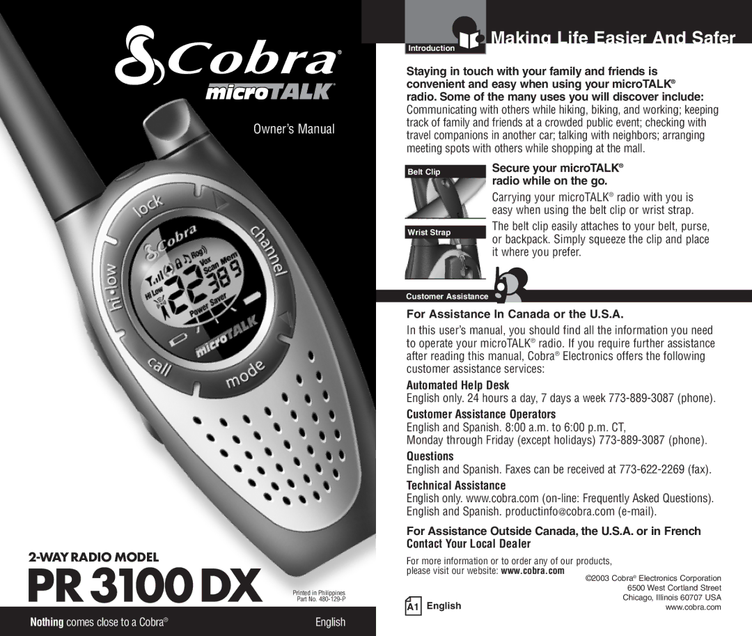 Cobra Electronics pmnPR3100DX owner manual Making Life Easier And Safer, For Assistance In Canada or the U.S.A, Questions 