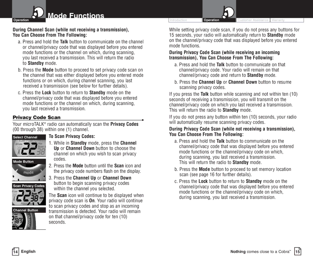 Cobra Electronics pmnPR3100DX Privacy Code Scan, To Scan Privacy Codes, This will return the radio to Standby mode 