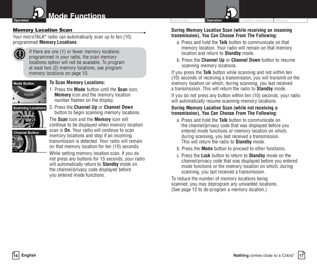 Cobra Electronics pmnPR3100DX owner manual Memory Location Scan, To Scan Memory Locations, You entered mode functions 