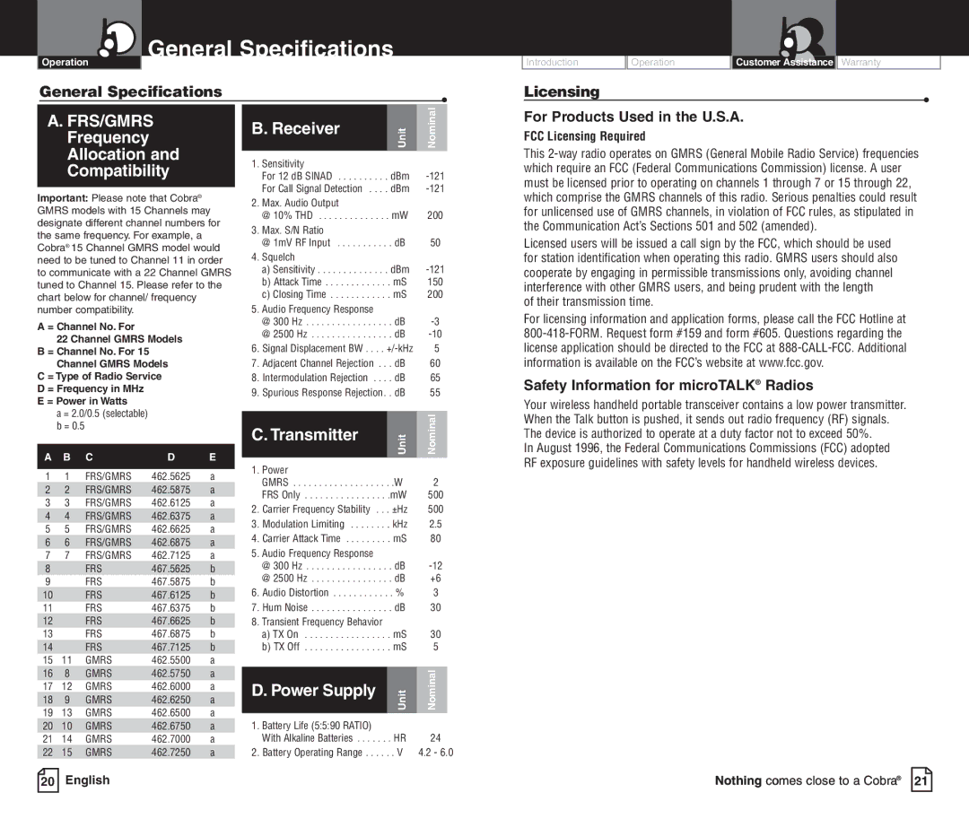 Cobra Electronics pmnPR3100DX owner manual General Specifications, Frequency, Power Supply, Licensing 