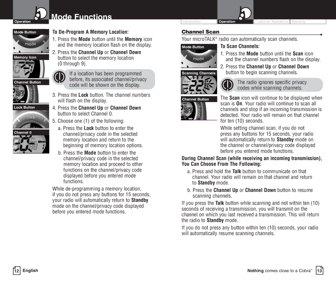 Cobra Electronics pmnPR3100DX owner manual To De-Program a Memory Location, Channel Scan, To Scan Channels 