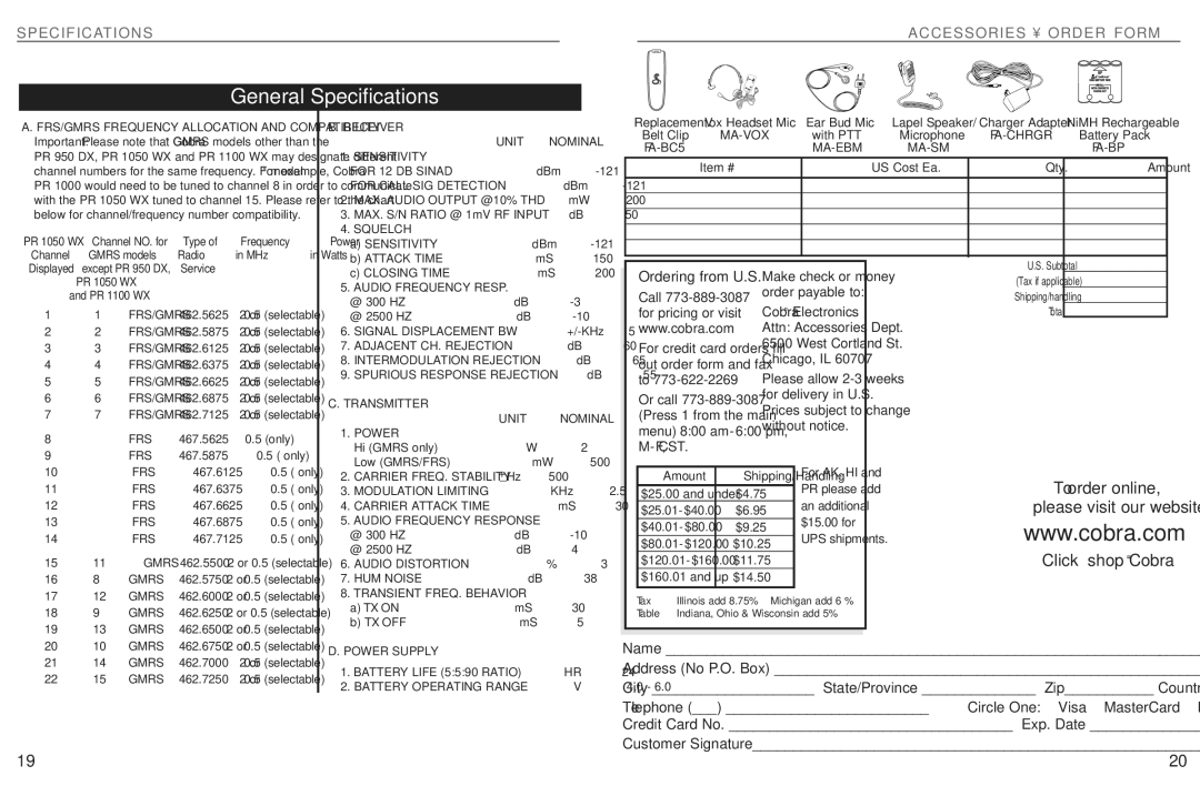 Cobra Electronics PR 1050 WX operating instructions Without notice, Ordering from U.S 