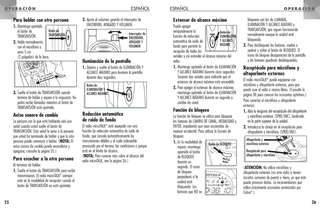 Cobra Electronics PR 1050 WX operating instructions Aviso sonoro de cambio, Iluminación de la pantalla, Función de bloqueo 