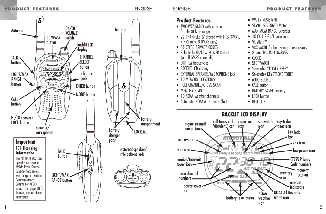 Cobra Electronics PR 1050 WX operating instructions Product Features 