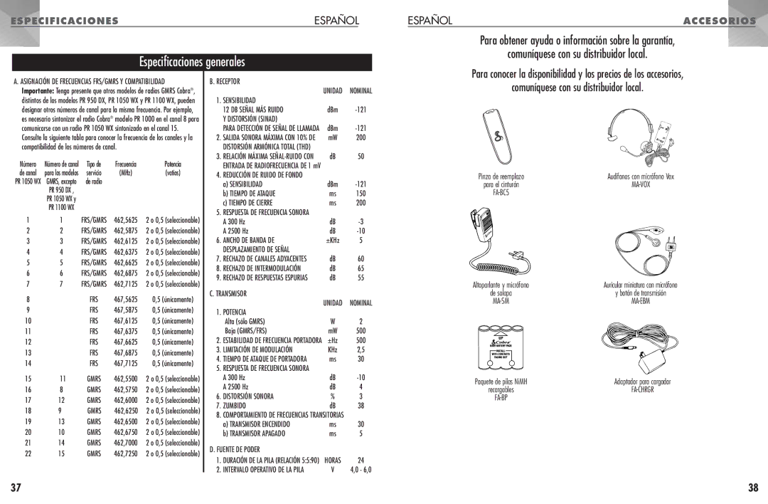 Cobra Electronics PR 1050 WX operating instructions Comuníquese con su distribuidor local 