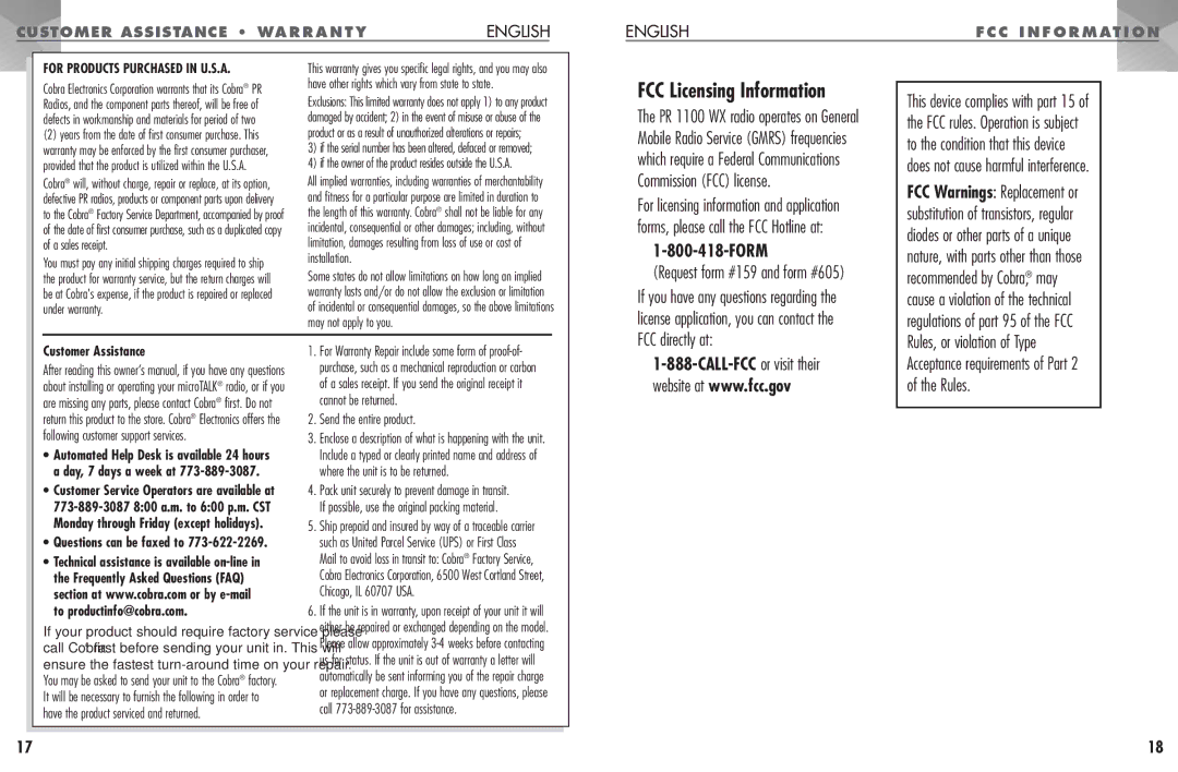 Cobra Electronics PR 1100 WX manual FCC Licensing Information, English, Customer Assistance, Day, 7 days a week at 