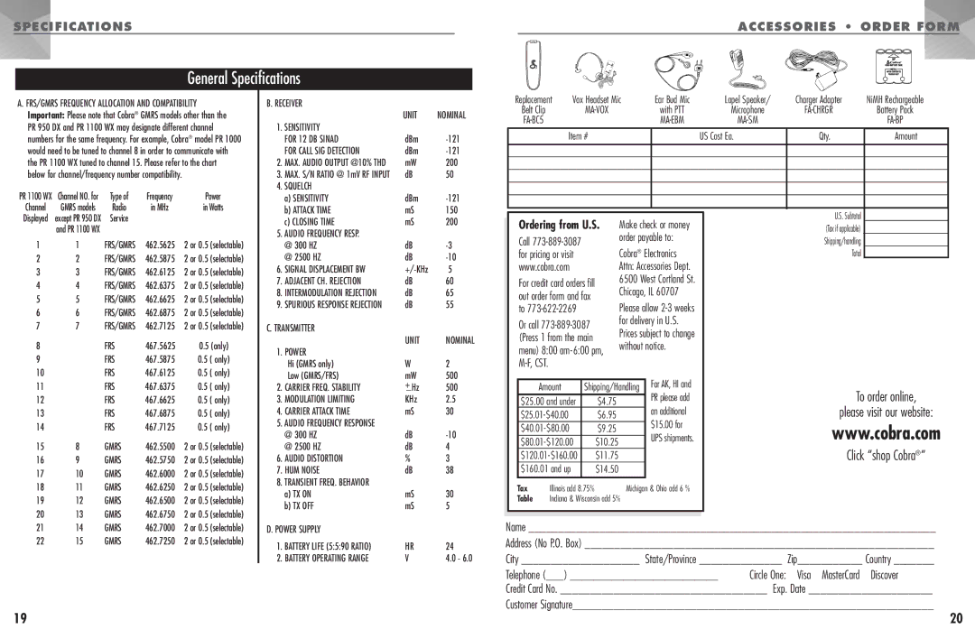 Cobra Electronics PR 1100 WX manual Without notice, Ordering from U.S 