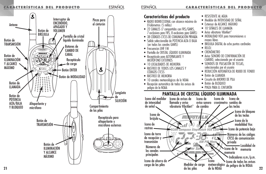 Cobra Electronics PR 1100 WX manual Características del producto 