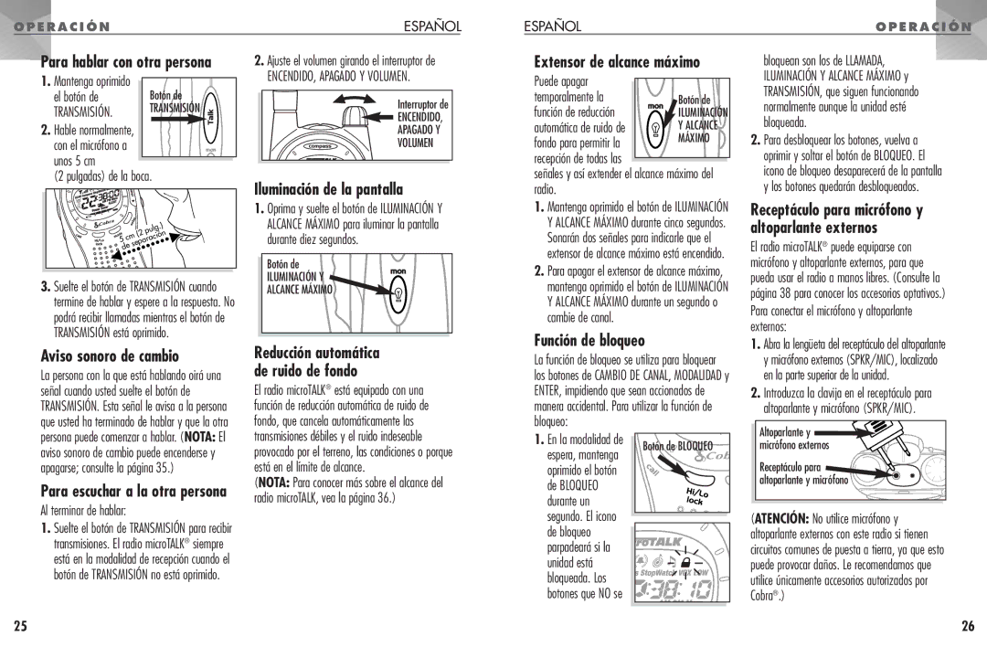 Cobra Electronics PR 1100 WX manual Aviso sonoro de cambio, Iluminación de la pantalla, Función de bloqueo 