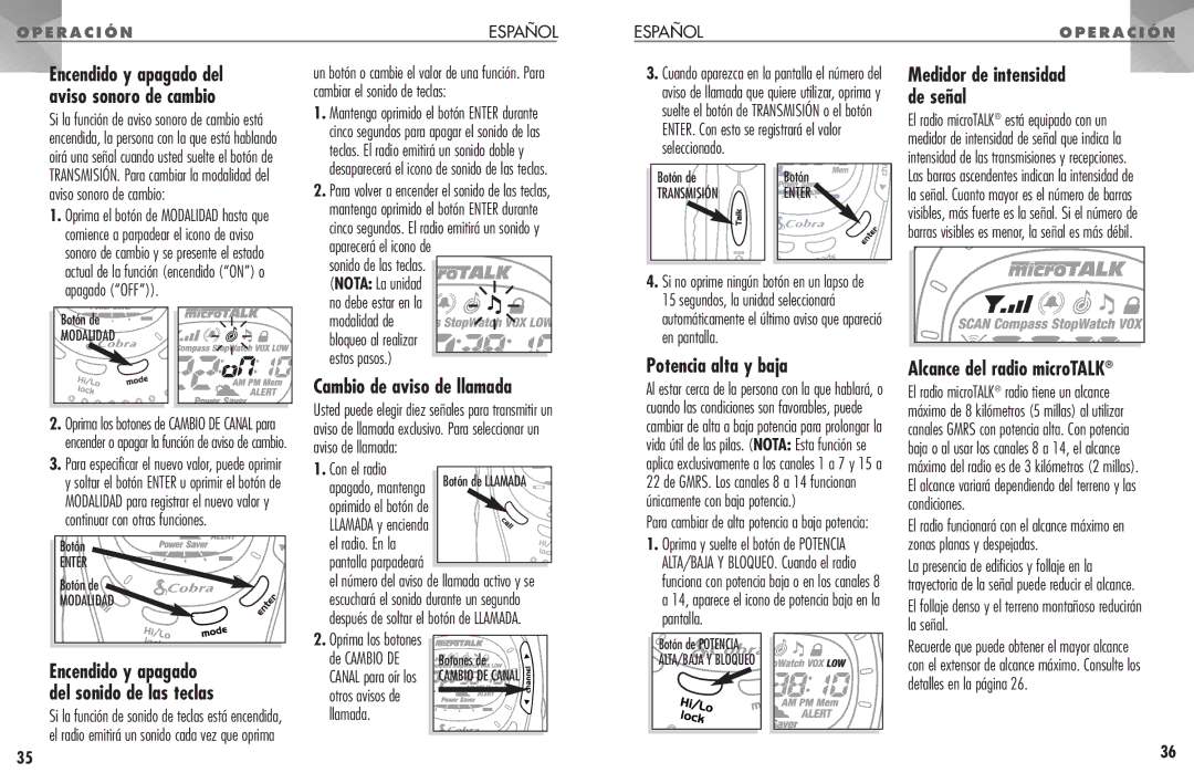 Cobra Electronics PR 1100 WX manual Cambio de aviso de llamada, Potencia alta y baja, Alcance del radio microTALK 