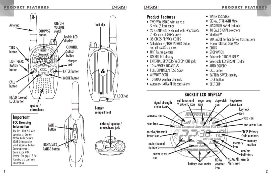 Cobra Electronics PR 1100 WX manual Product Features 