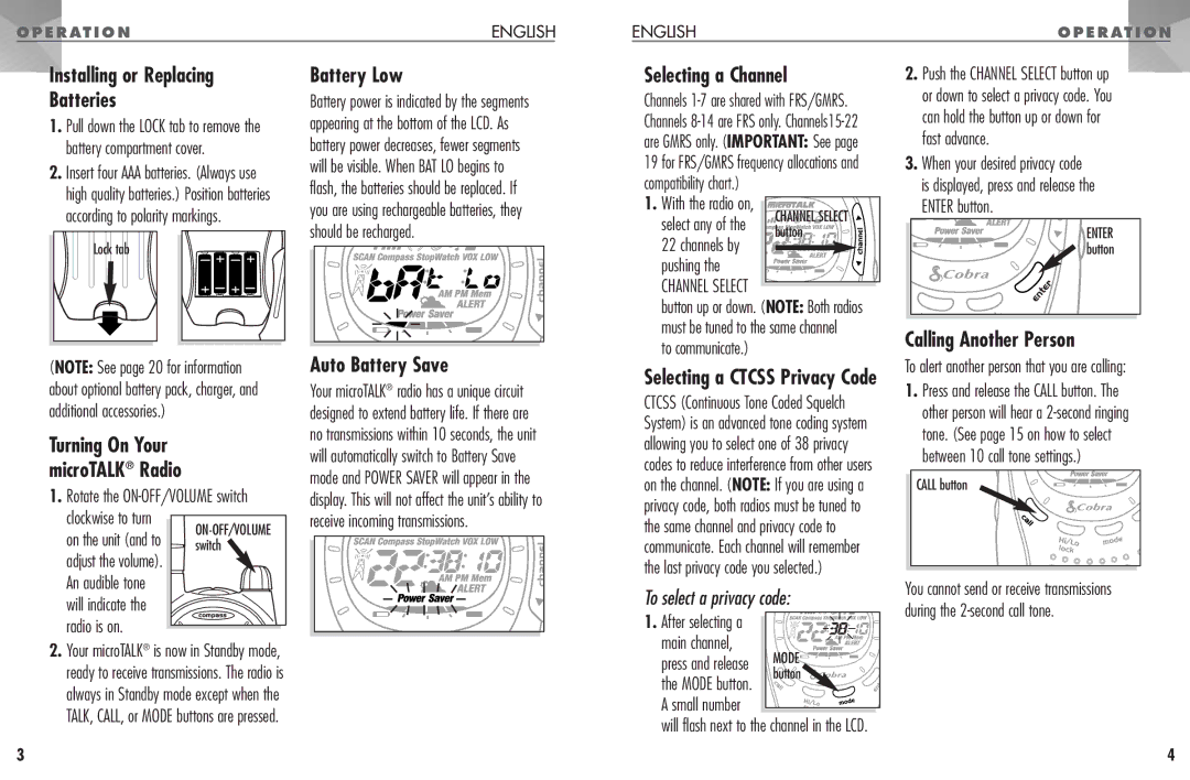 Cobra Electronics PR 1100 WX manual Installing or Replacing Batteries, Battery Low, Auto Battery Save, Selecting a Channel 