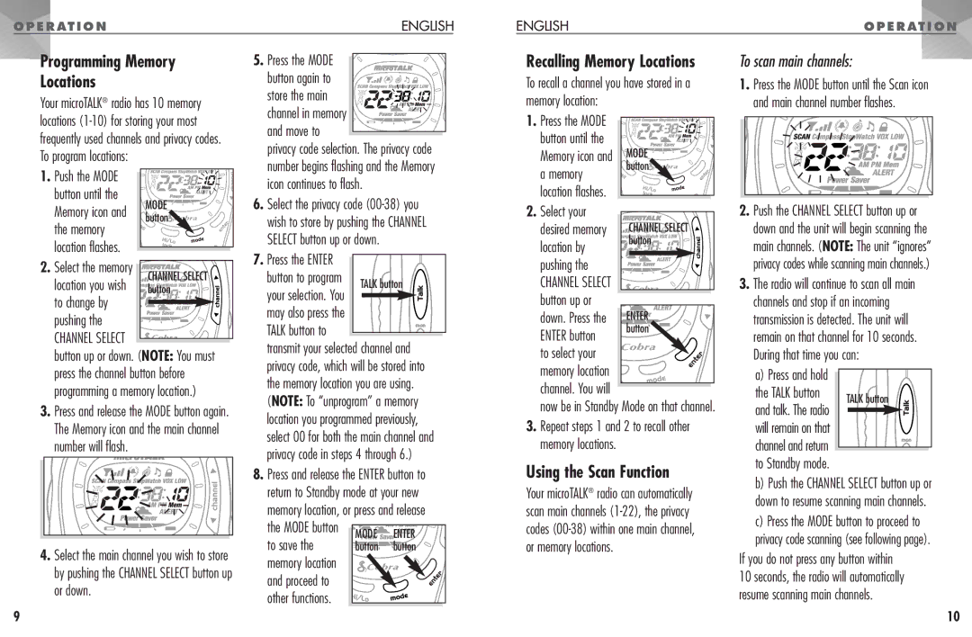 Cobra Electronics PR 1100 WX manual Programming Memory, Locations, Using the Scan Function 