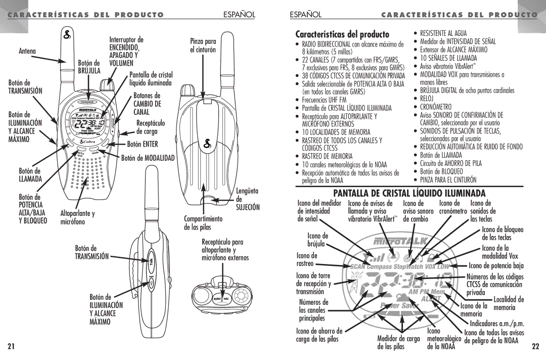 Cobra Electronics PR 1100 operating instructions Características del producto 