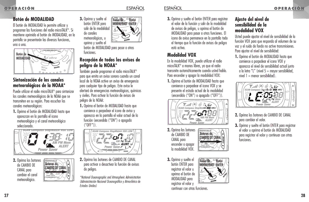 Cobra Electronics PR 1100 operating instructions Botón de Modalidad, Modalidad VOX 