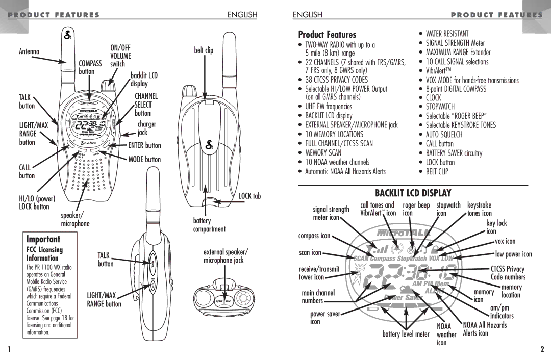 Cobra Electronics PR 1100 operating instructions Product Features 