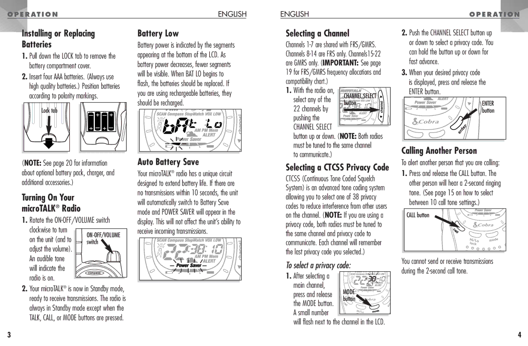 Cobra Electronics PR 1100 Installing or Replacing Batteries, Battery Low, Auto Battery Save, Selecting a Channel 