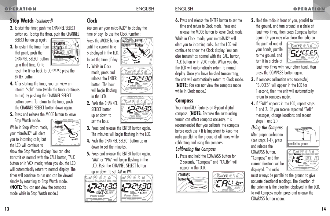 Cobra Electronics PR 1100 operating instructions Compass, That point, push, Mode while in Stop Watch mode 