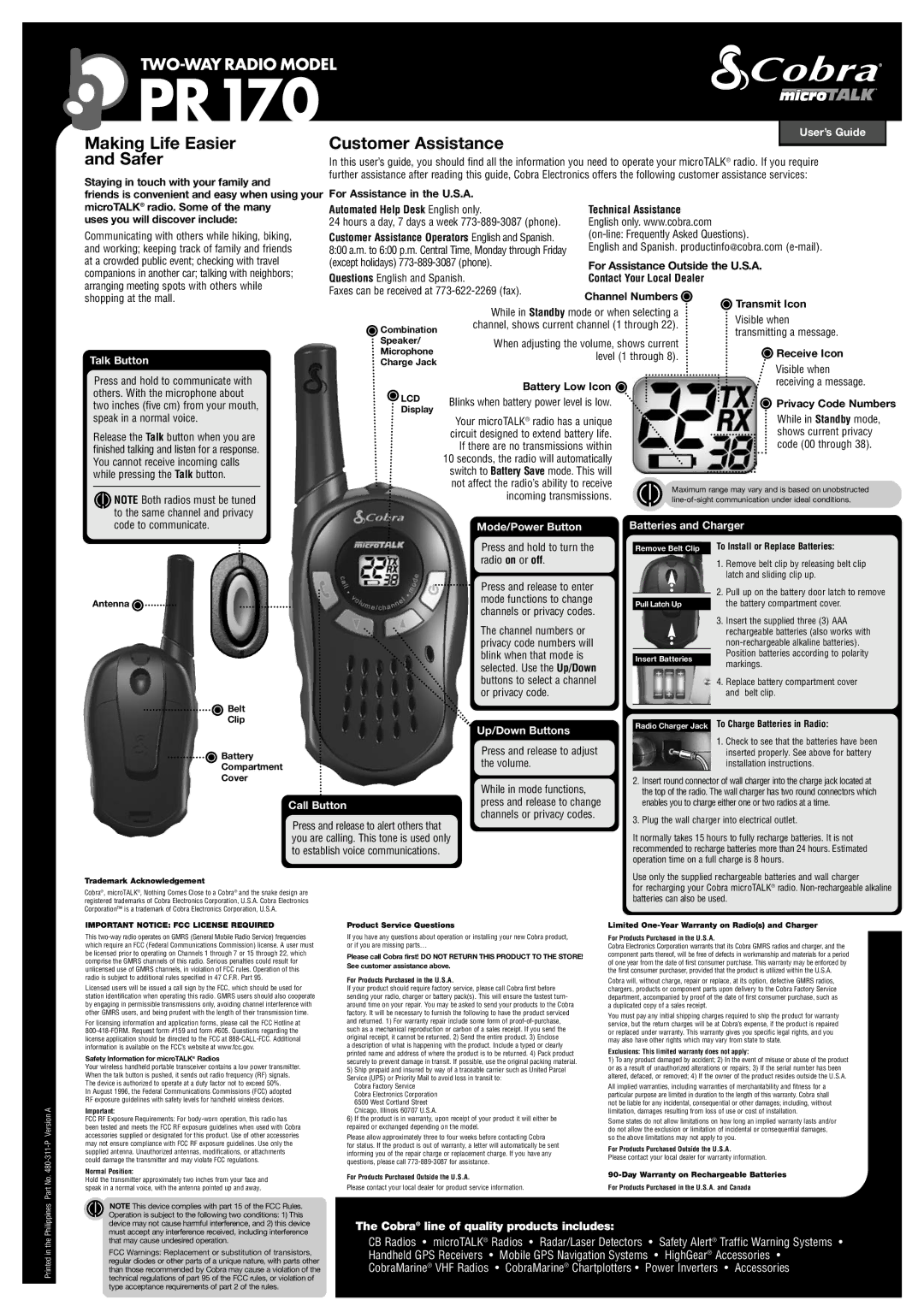 Cobra Electronics PR 170 warranty Talk Button, User’s Guide, Mode/Power Button Batteries and Charger, Up/Down Buttons 