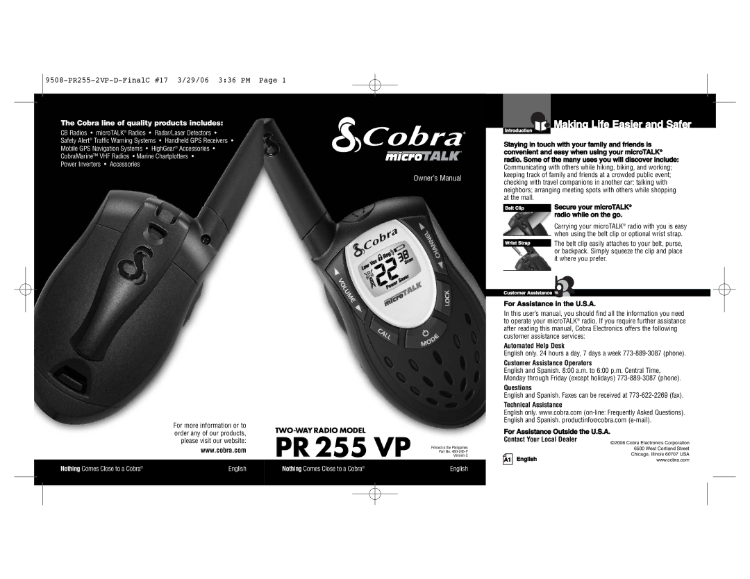 Cobra Electronics PR 255 VP owner manual Making Life Easier and Safer 