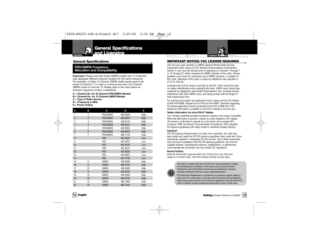 Cobra Electronics PR 255 VP owner manual General Specifications and Licensing 