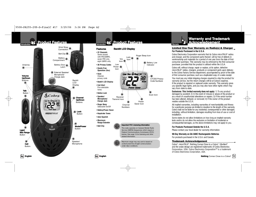 Cobra Electronics PR 255 VP owner manual Product Features, Warranty and Trademark Acknowledgement 