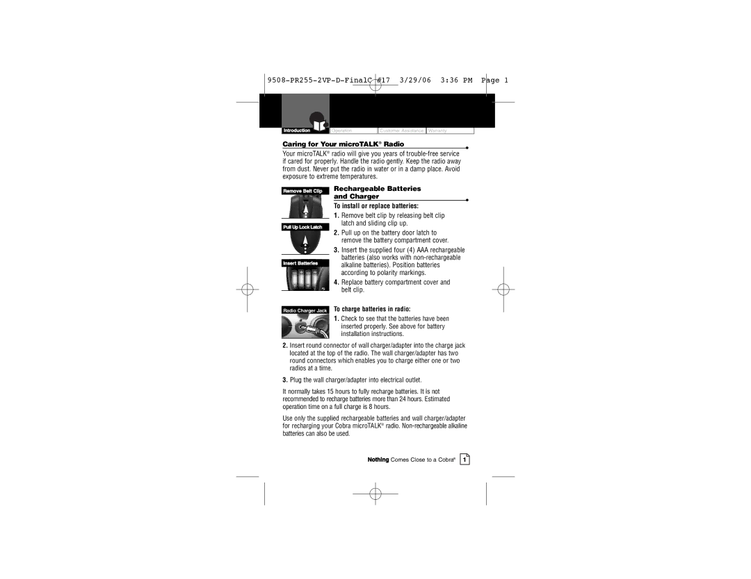 Cobra Electronics PR 255 VP owner manual Caring for Your microTALK Radio, Remove Belt Clip Rechargeable Batteries Charger 