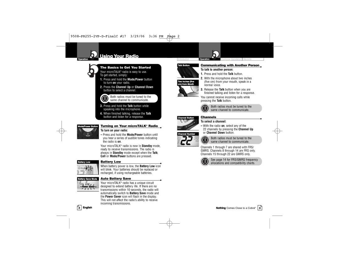 Cobra Electronics PR 255 VP owner manual Using Your Radio, Communicating with Another Person To talk to another person 