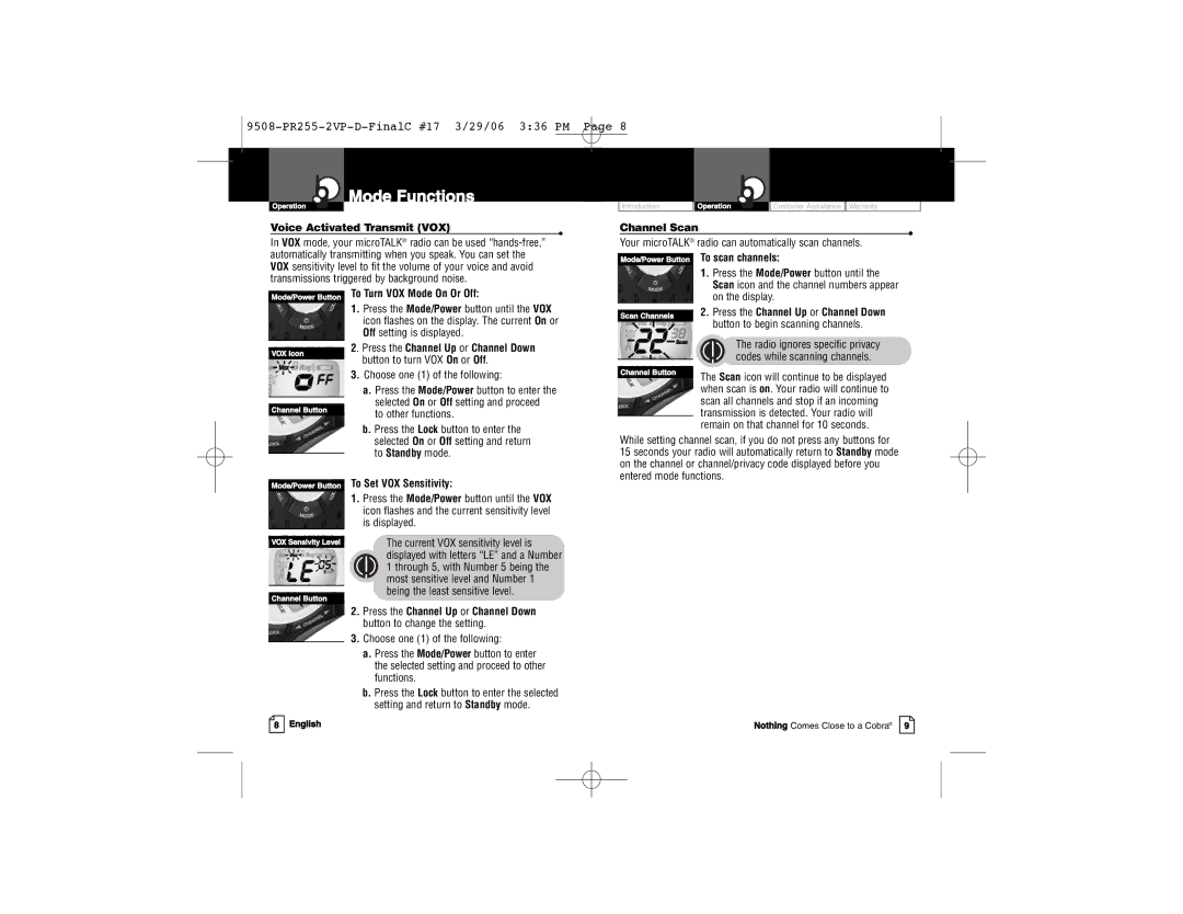 Cobra Electronics PR 255 VP Mode Functions, Voice Activated Transmit VOX, Mode/Power Button To Turn VOX Mode On Or Off 