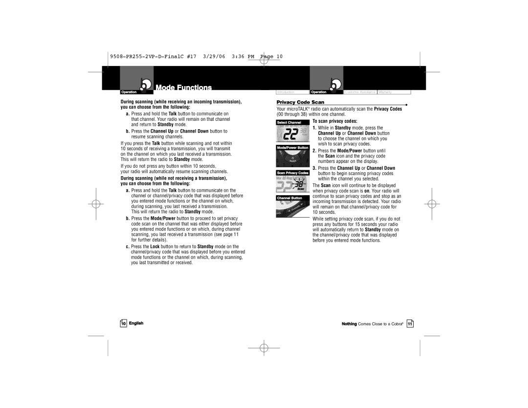 Cobra Electronics PR 255 VP Privacy Code Scan, This will return the radio to Standby mode, To scan privacy codes 