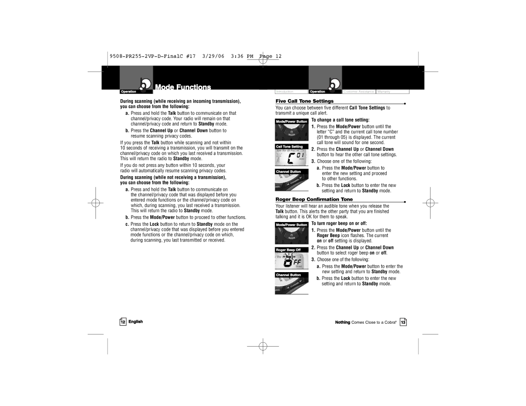 Cobra Electronics PR 255 VP Five Call Tone Settings, Roger Beep Confirmation Tone, Press the Channel Up or Channel Down 