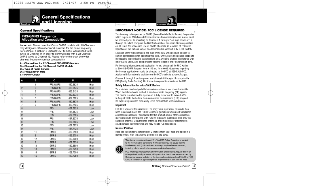 Cobra Electronics PR 270-2 VP owner manual General Specifications and Licensing, Safety Information for microTALK Radios 