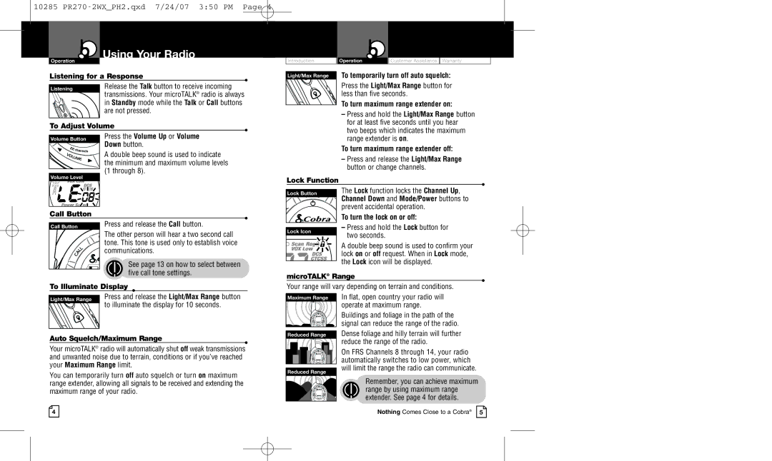 Cobra Electronics PR 270-2 VP To temporarily turn off auto squelch, To turn maximum range extender on, Communications 