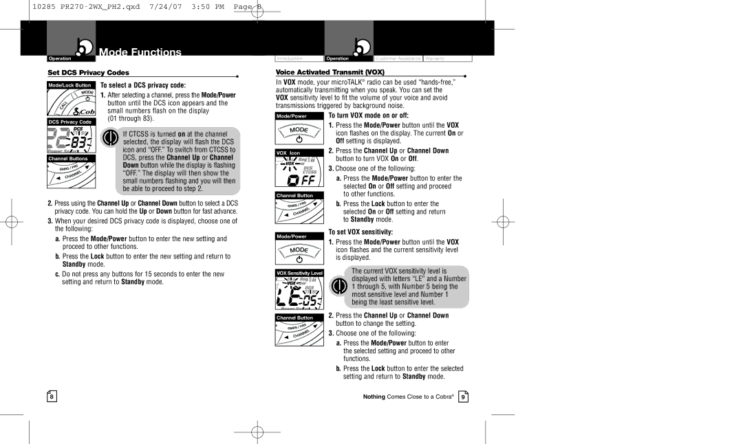 Cobra Electronics PR 270-2 VP owner manual Mode Functions 