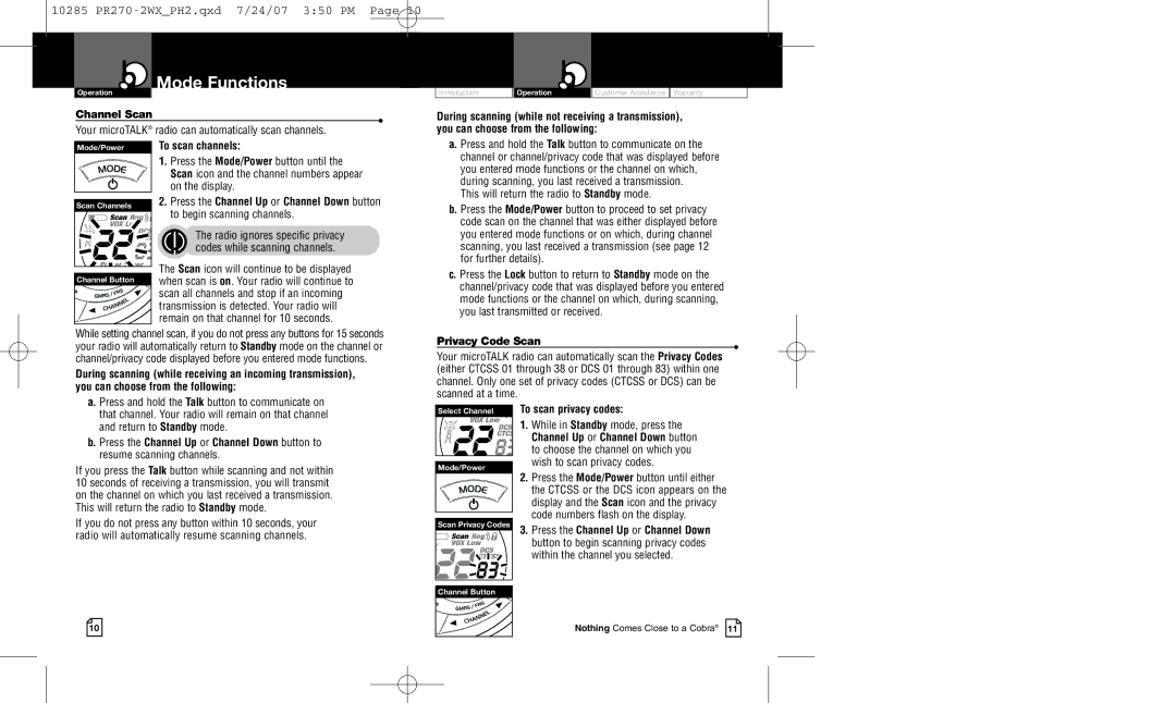 Cobra Electronics PR 270-2 VP Channel Scan, Your microTALK radio can automatically scan channels, To scan channels 