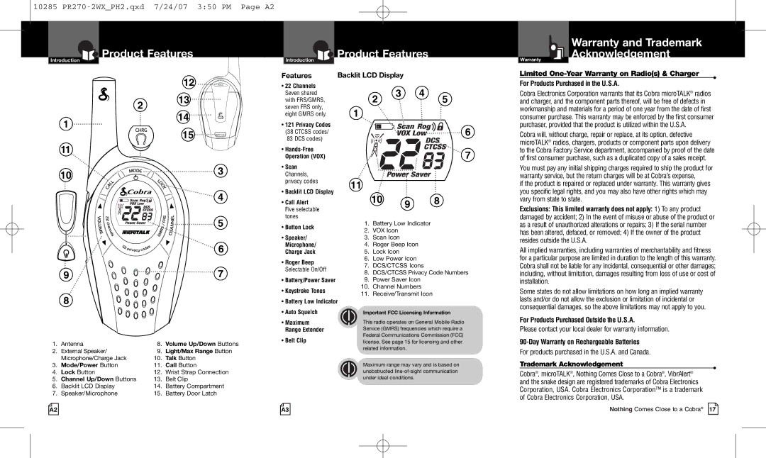 Cobra Electronics PR 270 owner manual Product Features Warranty and Trademark Acknowledgement 