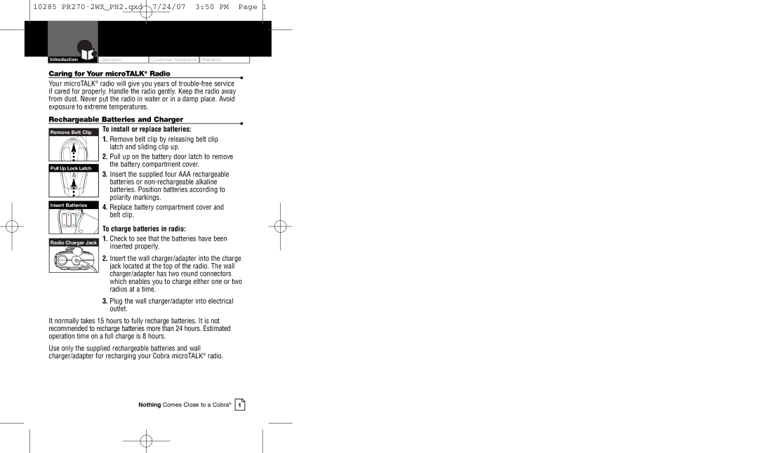 Cobra Electronics PR 270 Caring for Your microTALK Radio, Rechargeable Batteries and Charger, To charge batteries in radio 