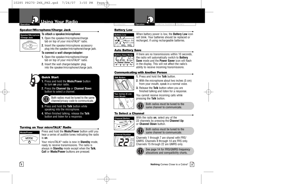 Cobra Electronics PR 270 owner manual Using Your Radio, To attach a speaker/microphone, Tab on top of your microTALK radio 