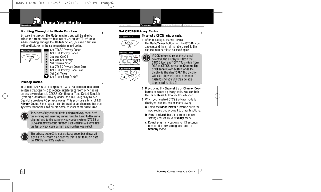 Cobra Electronics PR 270 owner manual Scrolling Through the Mode Function, After selecting a channel, press, Privacy Codes 