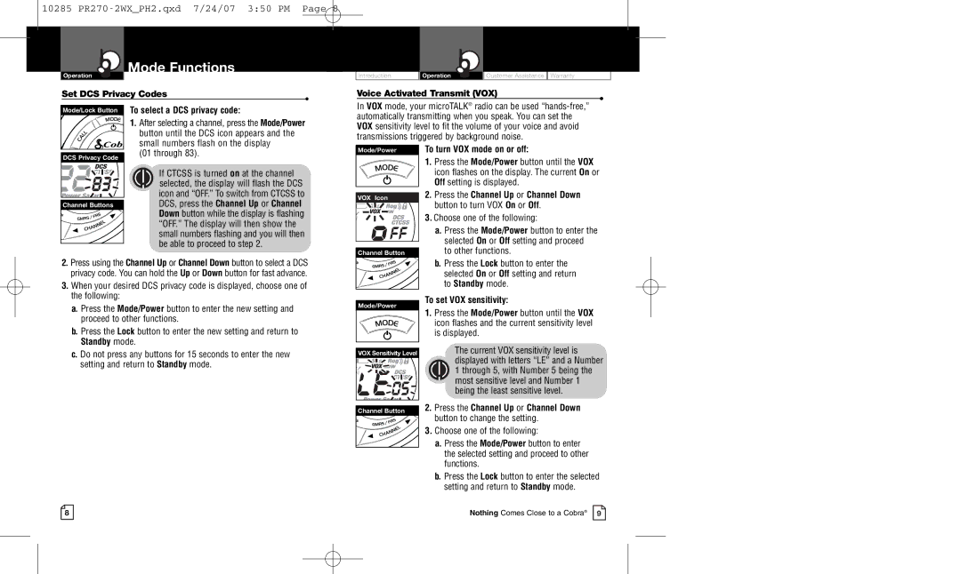 Cobra Electronics PR 270 owner manual Mode Functions 