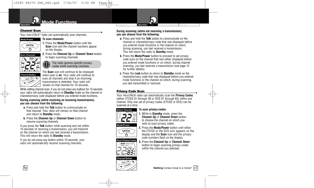 Cobra Electronics PR 270 owner manual Channel Scan, To scan channels, On the display, To scan privacy codes 